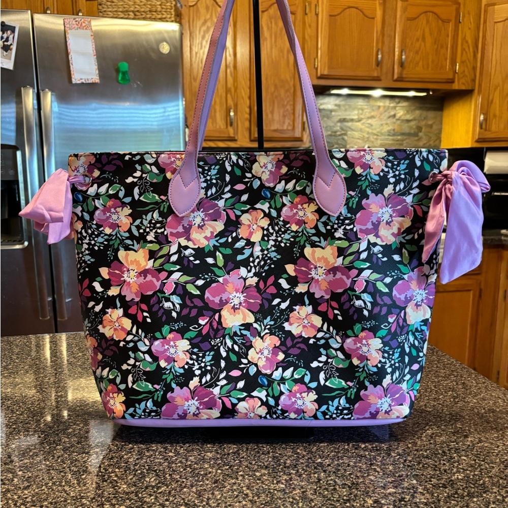 Floral Black Tote with Pink Accents